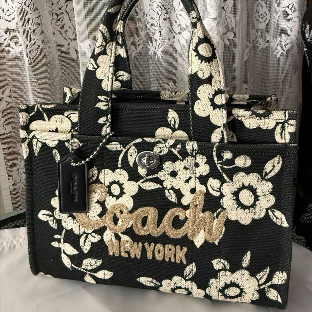 Coach Black and Cream Floral Tote Bag